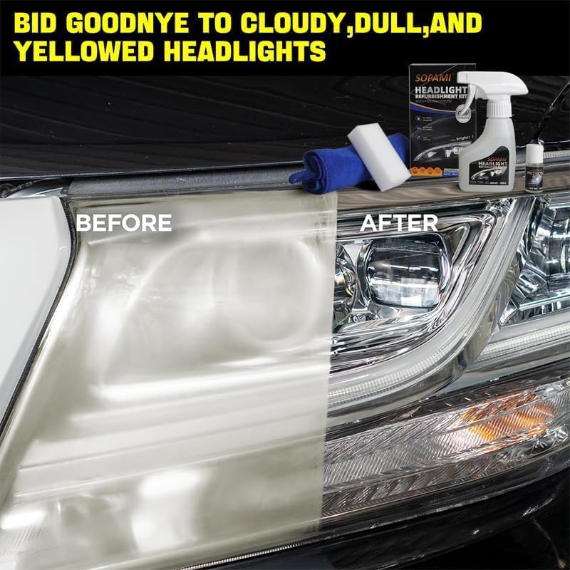 SOPAMI Car Headlight Restoration Kit Headlight Cleaner Restores Clear Yellowed Car Plastic and Protects from Re-Oxidation Includes Coating Agent and Towel, Sponge Wipe - Image 2